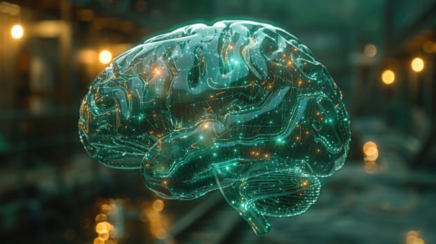 A translucent blue brain with glowing lights inside, representing ideas, innovation, and intelligence. photo