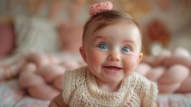 A cute baby girl with big blue eyes and a pink bow in her hair smiles happily at the camera. photo