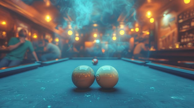 Two billiard balls on a green felt pool table in a dimly lit pub. photo