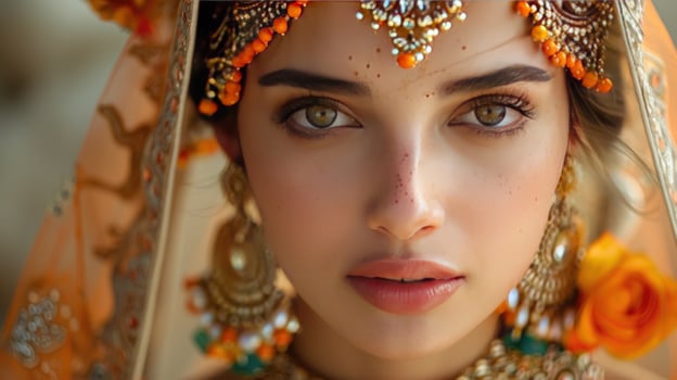 Closeup portrait of a beautiful woman wearing traditional Indian bridal attire, with intricate jewelry and a soft focus on her face. photo