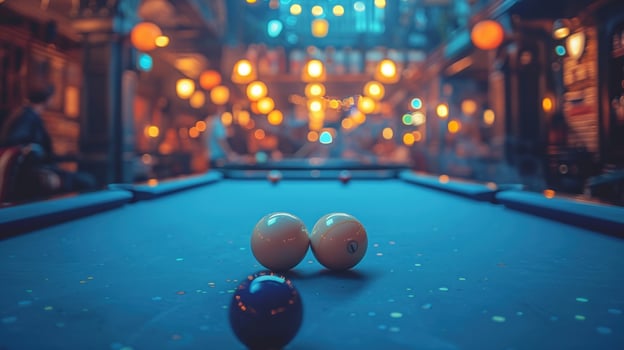 A blue pool table with white balls in the foreground and blurry background of people having fun in a bar. photo