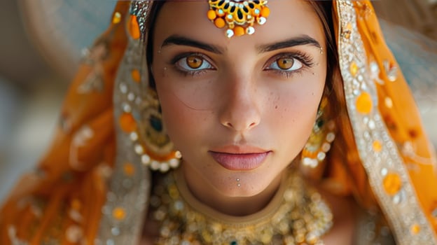 A closeup portrait of a beautiful young woman in traditional Indian attire, with intricate jewelry and a vibrant orange veil. photo