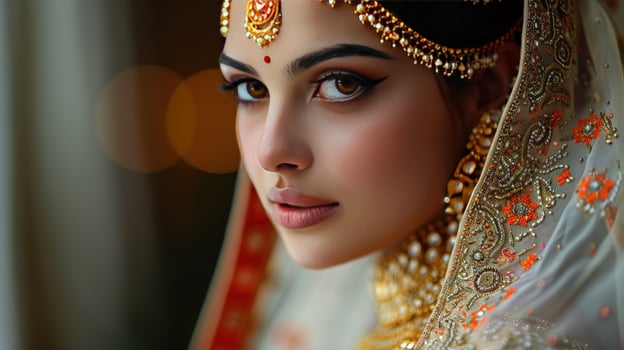 A young woman in traditional Indian bridal attire, with elaborate jewelry and makeup, looks directly at the camera. photo