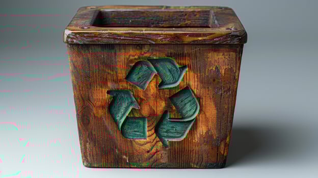Rustic wooden recycling bin with a green recycle symbol carved into the front. photo