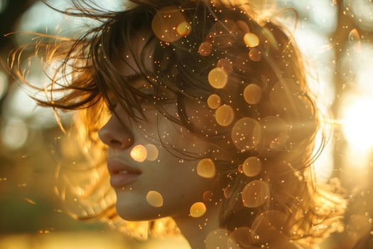 Woman with windblown hair looking away from the camera, sunlight creating bokeh effect. photo