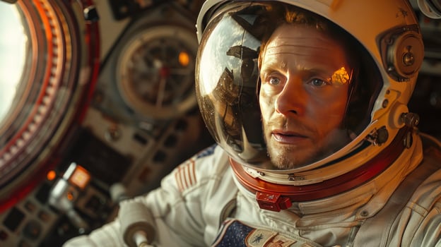 Closeup portrait of an astronaut in a spacesuit, looking out of a spacecraft window. photo