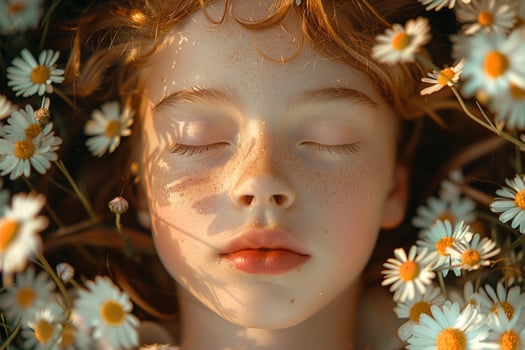 Closeup portrait of a young girl with freckles and closed eyes lying in a field of daisies. photo