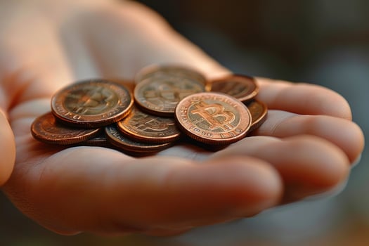 Closeup of a hand holding a pile of coppercolored Bitcoin coins. photo