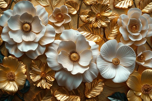 Closeup of a wall adorned with white and gold 3D paper flowers. photo