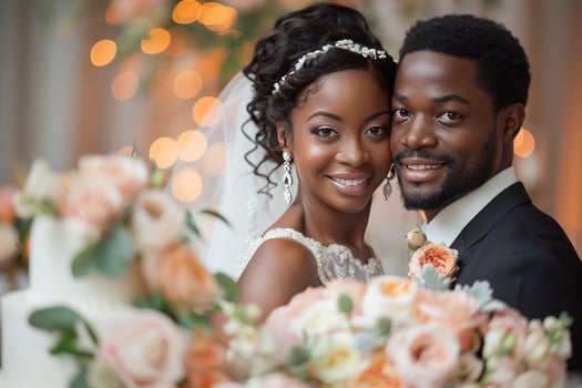 Happy African American bride and groom pose for a wedding portrait with a cake and flowers in the background. photo