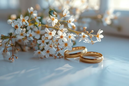 Two gold wedding bands lying on a white surface with a branch of white blossoms. photo