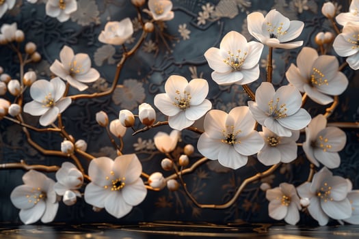 Closeup of white cherry blossoms with gold branches against a dark background. photo