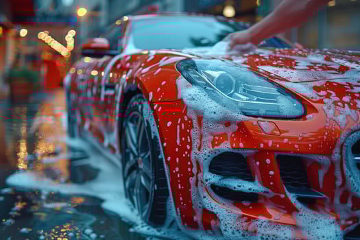 Closeup of a hand washing a red car with soapy water. photo