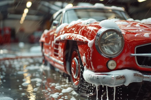 Closeup of red classic car covered in soap suds being washed in a car wash. photo