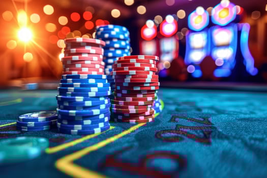 Stacks of colorful casino chips on a green felt table with slot machines in the background. photo