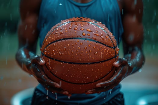 Closeup of a basketball covered in raindrops held by an athlete's hands. photo