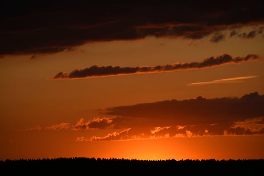 Golden sunset over the ocean. Bright sun touching the horizon. Orange sky above calm water. photo