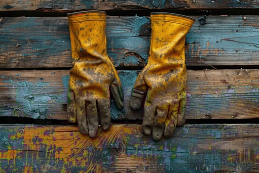 A pair of dirty yellow work gloves on a rustic wooden surface. photo
