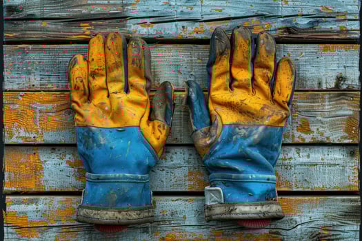 A pair of blue and yellow work gloves hang on a weathered wooden wall. photo