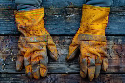 A pair of wellworn, yellow work gloves lay flat on a rustic wooden surface. photo