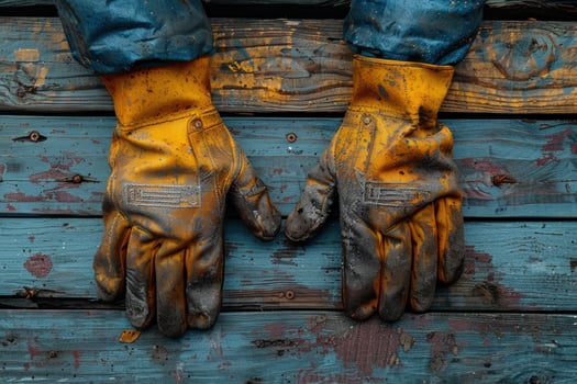 A pair of dirty yellow work gloves on a blue wooden background. photo