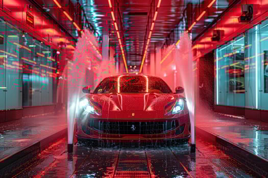 A red sports car being washed in a car wash with water jets spraying down from the sides. photo