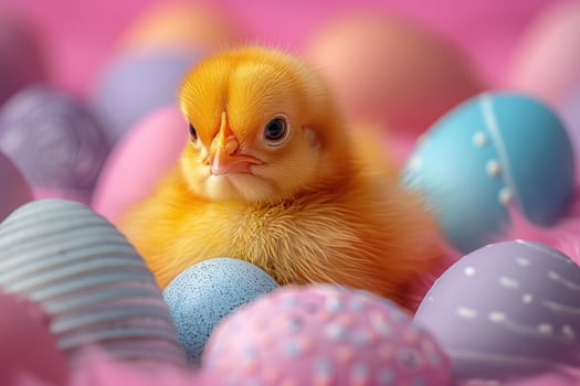 A cute, fluffy yellow chick nestled among colorful Easter eggs. photo