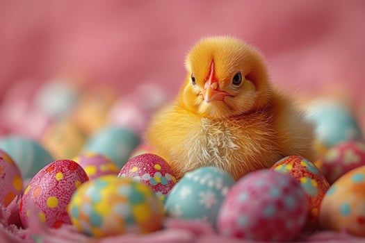 A fluffy yellow chick sits amongst colorful Easter eggs on a pink background. photo