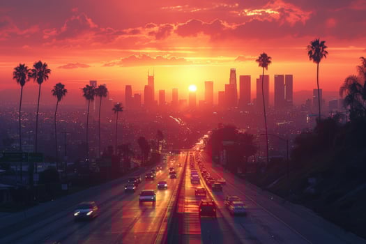 A vibrant sunset over a bustling city highway with palm trees lining the road, a silhouette of the urban skyline, and the sun setting behind the buildings. photo
