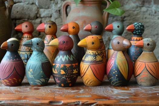 A collection of colorful, handpainted wooden bird figurines, arranged in a row on a rustic wooden table. photo