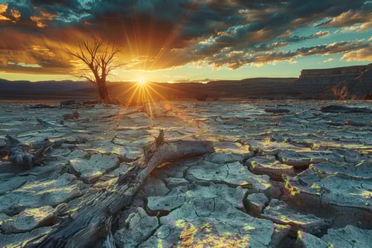 A lone tree stands on a cracked and dry landscape, with the sun setting in the background. photo