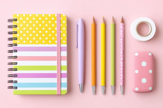 Colorful stationery flatlay featuring notebook, pen, pencils, tape and eraser on pink background photo