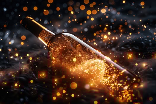 A bottle of wine with sparkling lights inside on a black background. photo