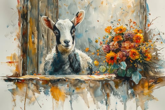 A watercolor painting of a goat looking out a window with a bouquet of flowers next to it. photo