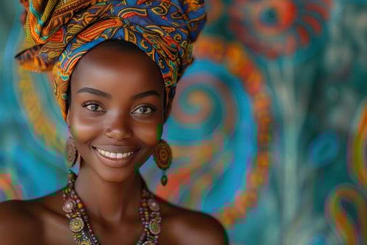 A young African woman with a bright smile, wearing traditional colorful headwear and jewelry, poses in front of a textured blue background. photo