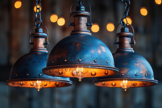 Three rustic blue pendant lights with exposed bulbs hang from chains against a dark blurry background. photo