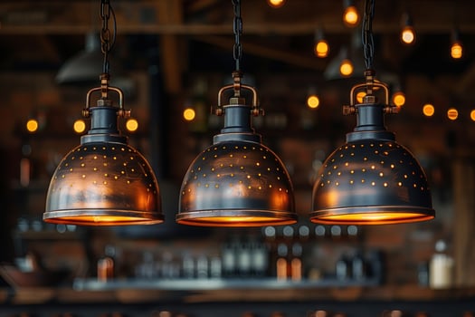 Three hanging copper pendant lights with a blurred bar counter in the background. photo