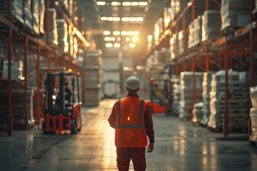 Warehouse worker in safety vest and hard hat stands in the middle of a warehouse with a forklift in the background and shelves stocked with boxes. photo