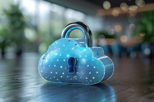 A silver padlock on a blue cloudshaped object represents secure cloud computing and data protection. photo