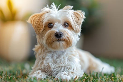 A small, fluffy dog with big brown eyes looks directly at the camera while lying down on green grass. photo