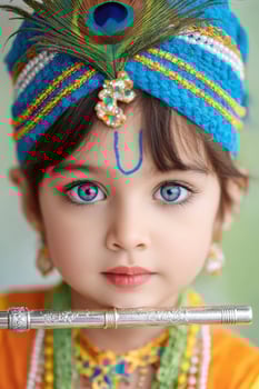 Young boy dressed as Krishna holding a flute and wearing peacock feathers photo