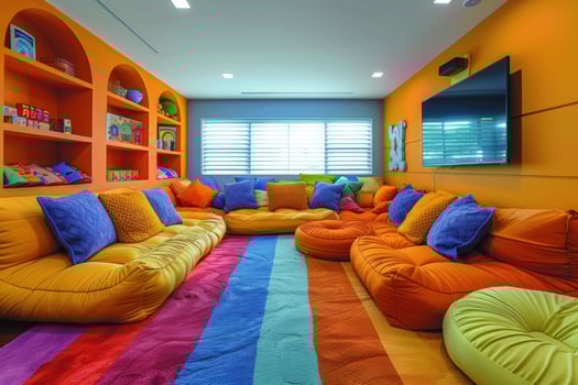 A colorful and inviting playroom with a rainbow rug, comfy seating, and a large TV screen. photo