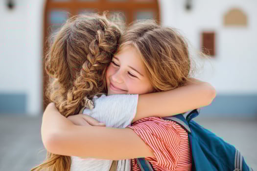 Two happy students hugging outside school building photo