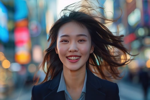 A young woman with long, dark hair smiles brightly as she walks through a bustling city with a blurred background of colorful lights. photo