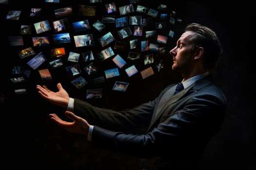 A businessman in a suit reaches out his hands towards a stream of digital images floating in the air. photo