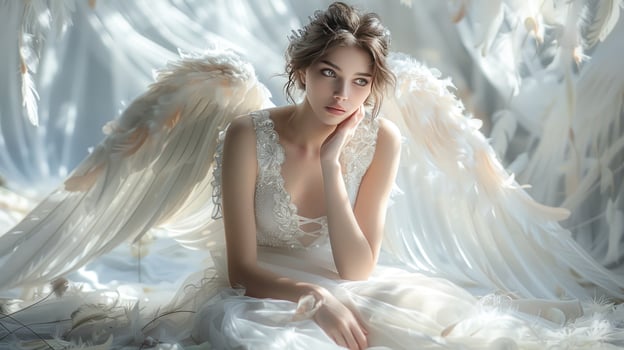 A woman with large white angel wings, sitting in a white dress. She is looking to the left of the frame, with a thoughtful expression. photo