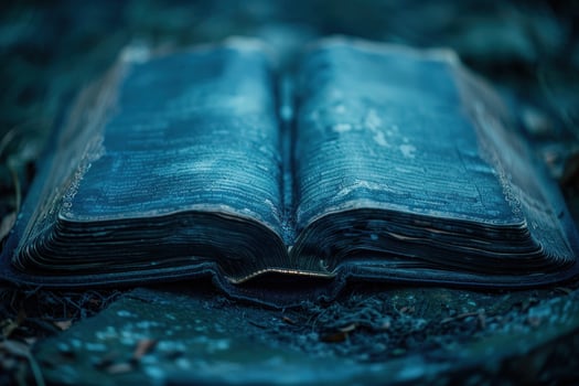 An old, weathered book lies open on the ground, its pages worn and faded, hinting at a tale untold. photo