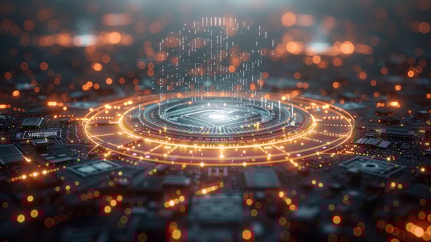 Abstract futuristic technology background with glowing circular lights and digital data. photo