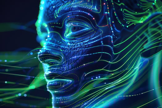 A stylized digital representation of a human face with glowing lines, representing artificial intelligence, technology, and data. photo