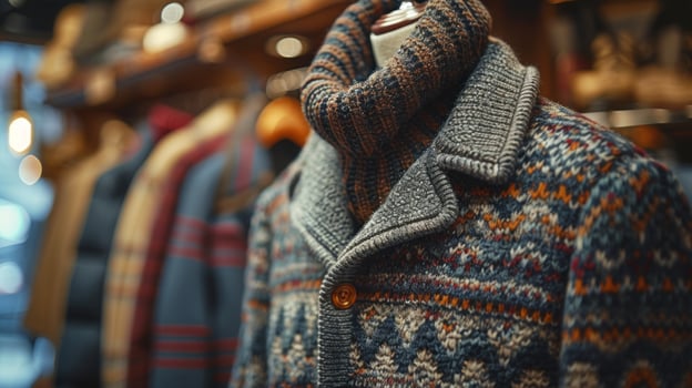 A closeup shot of a patterned knitted sweater on a mannequin in a clothing store. photo